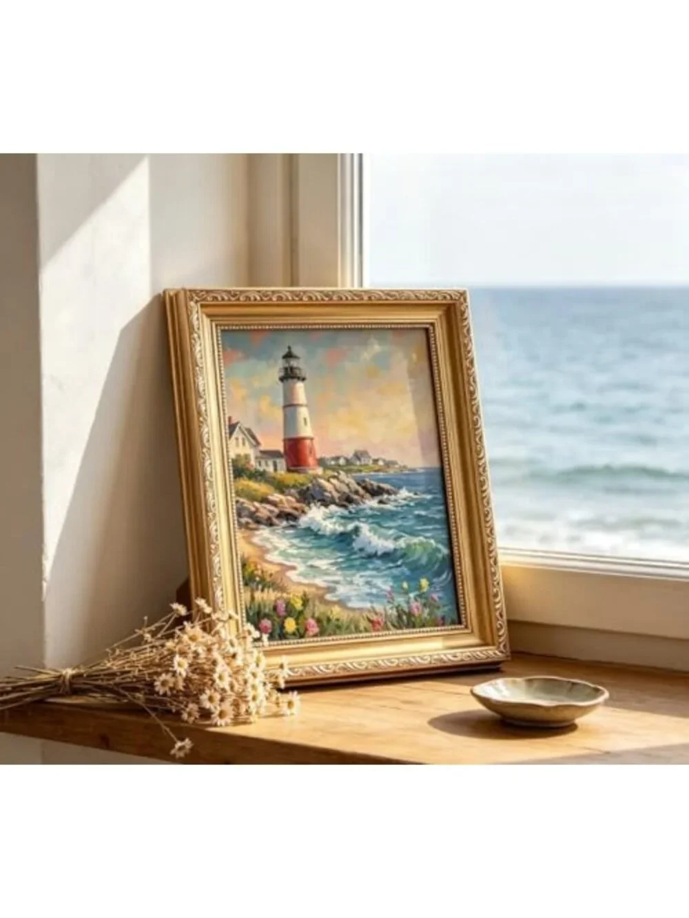 Coastal Lighthouse Canvas Wall Art - Vintage Gold Frame, Ocean Seascape Decor